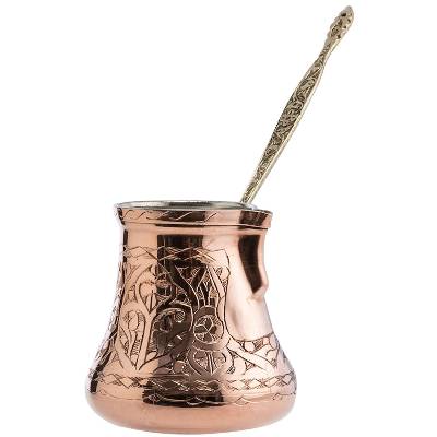 CopperBull 2016 Design XXL Heavy Duty Engraved Copper Turkish Greek Coffee Pot Stovetop Coffee Maker Cezve Ibrik Briki with Brass Handle