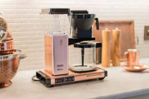 A Copper Technivorm Moccamaster sitting on a Kitchen Countertop