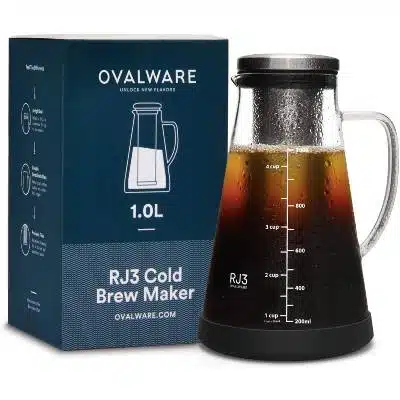 Ovalware Airtight Cold Brew Iced Coffee Maker and Tea Infuser with Spout - 1.0L 34oz Ovalware RJ3 Brewing Glass Carafe with Removable Stainless Steel Filter