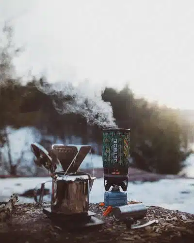 pour over coffee brewing while camping