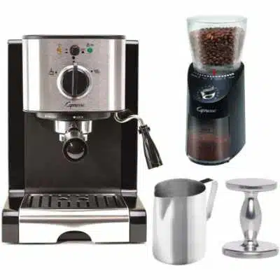 Capresso EC100 Pump Espresso Machine with 570.01 Infinity Plus Coffee Grinder Tamper and Pitcher Value Bundle