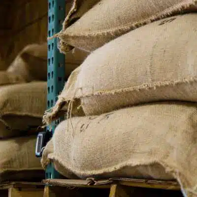Sacks of coffee beans in storage
