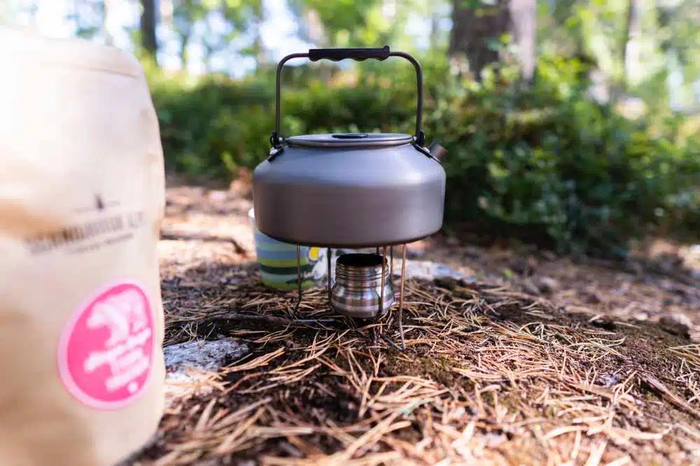Making cowboy coffee while camping