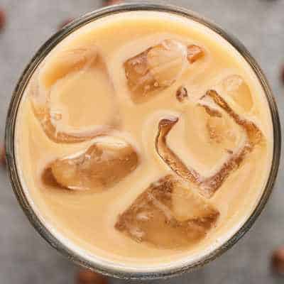 close up of an iced latte from above