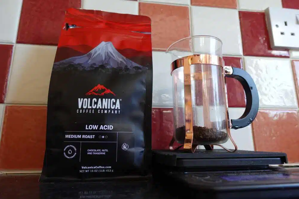 Brewing the volcanica low acid coffee with a french press