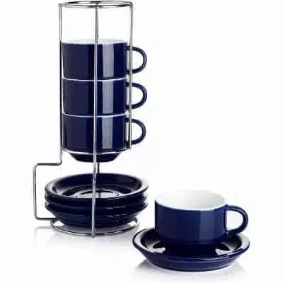 Sweese Porcelain Stackable Espresso Cups with Saucers and Metal Stand - 2.5 Ounce - Set of 4 Navy