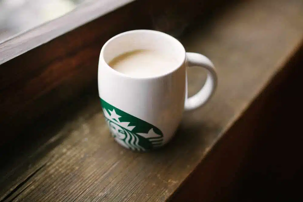 A Starbucks latte on a counter