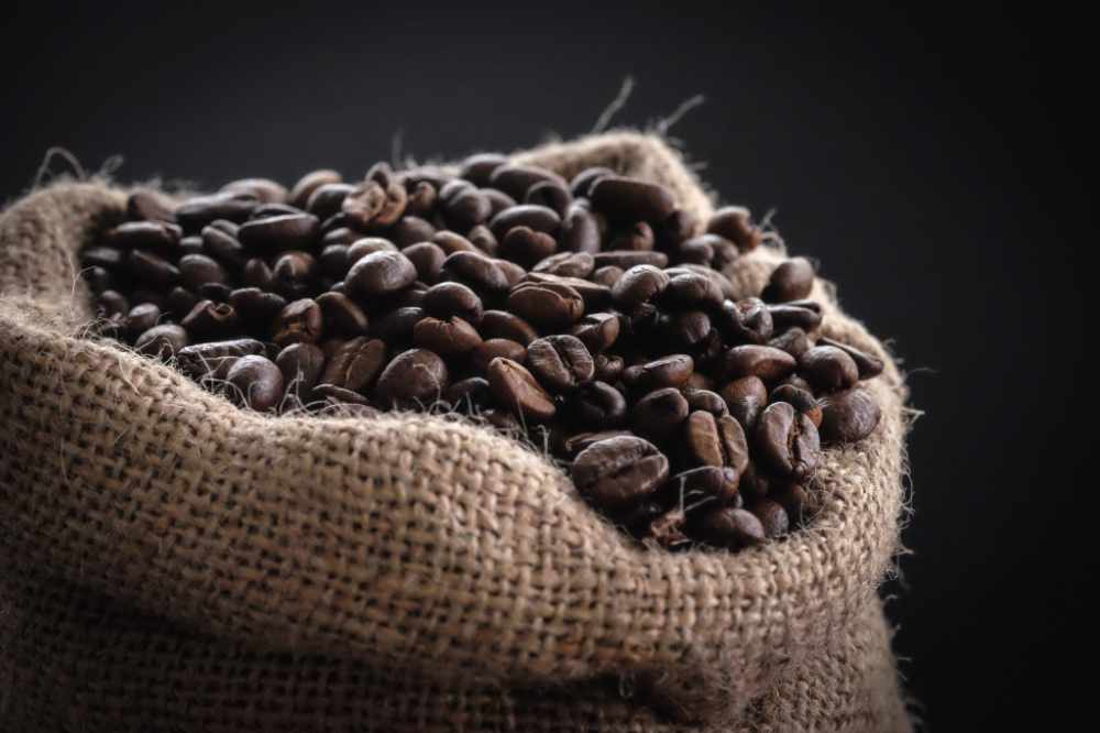 Coffee beans in a hessian sack
