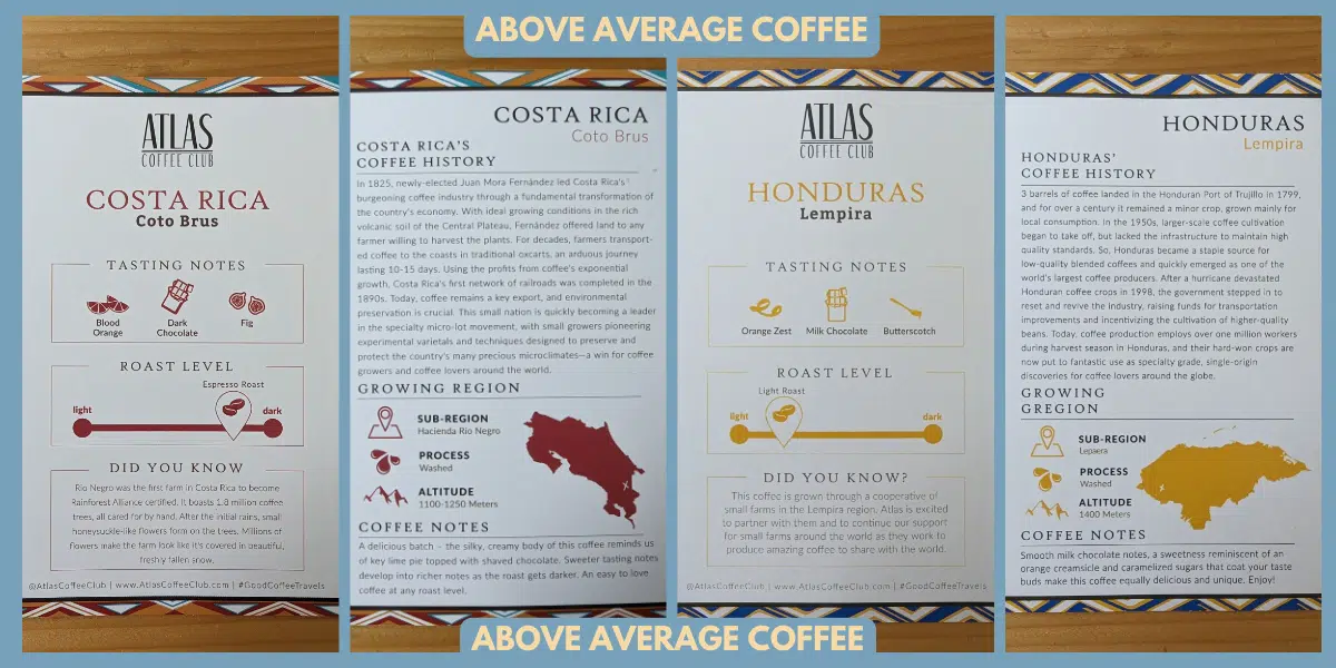 An image of 4 tall images that show the tasting notes and coffee history for Costa Rica and Honduras as provided by Atlas Coffee Club with each description
