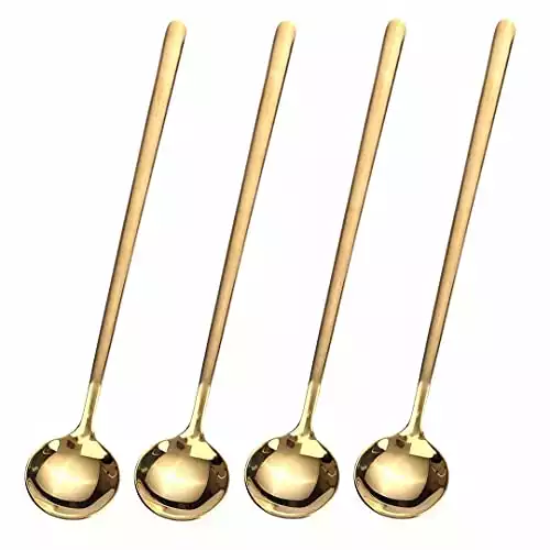 4 PCS 6.7 Inches Coffee Spoons, Stirring Spoons, Tea Spoons Long Handle, Gold Teaspoons, Gold Spoons, Ice Tea Spoons, Long Spoons for Stirring, Gold Espresso Spoons Stainless Steel