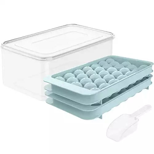 Round Ice Cube Tray with Lid & Bin Ice Ball Maker Mold for Freezer with Container Mini Circle Ice Cube Tray Making 66PCS Sphere Ice Chilling Cocktail Whiskey Tea Coffee 2 Trays 1 ice Bucket & ...