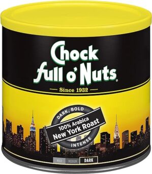 Chock Full o’Nuts New York Roast Ground Coffee, Dark Roast – Arabica Coffee Beans – Bold, Full-Bodied and Intense Flavored Dark Blend, 23 ounces