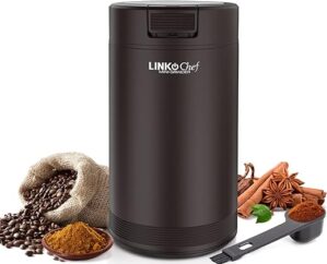 Coffee Grinder with Brush, LINKChef 200W Spice Grinder with Stainless Steel Blade for Seed Bean Nut Herb Pepper & Grain, Lid Activated Safety Switch, Brown, CG-8420