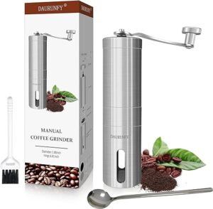 DAURUNFY Manual Coffee Grinder Portable Hand Coffee Bean Mill with Ceramic Adjustable Knob Setting Stainless Steel Coffee Grinder in Kitchen and Hiking (SILVER)