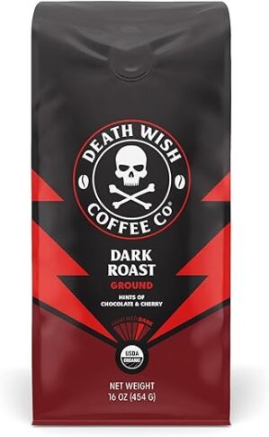 Death Wish Coffee, Organic and Fair Trade Dark Roast Ground Coffee, 16 oz
