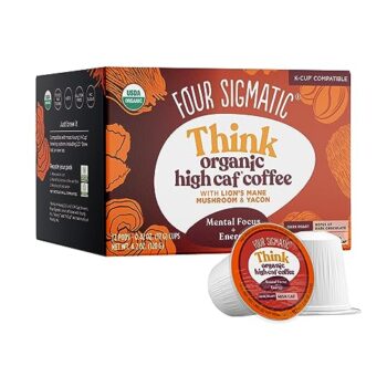 Four Sigmatic High Caffeine Mushroom Coffee K-Cups | Organic and Fair Trade Dark Roast Coffee with Lion’s Mane & Yacon | Focus & Immune Support | Vegan & Keto | Sustainable Pods | 12 Count