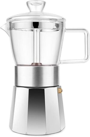 Geesta Moka Pot Premium Crystal Glass-Top Stovetop Espresso Moka Pot – 6 cup – Coffee Maker, 240ml/8.5oz/6 cup (espresso cup=40ml) Coffee Lover Gifts Ideas