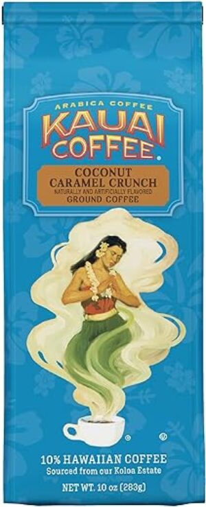 Kauai Hawaiian Ground Coffee, Coconut Caramel Crunch Flavor (10 Ounces) – 10% Hawaiian Coffee from Hawaii’s Largest Coffee Grower – Bold, Rich Blend