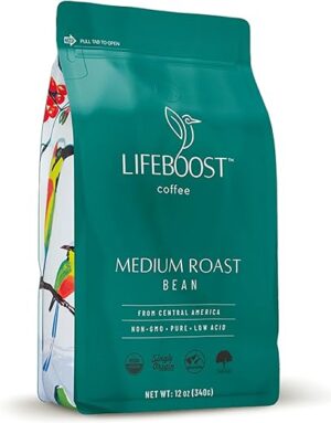 Lifeboost Coffee Whole Bean Medium Roast – Low Acid Single Origin USDA Organic Non-GMO Beans Third Party Tested For Mycotoxins & Pesticides 12 Ounces