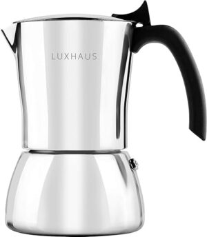 LUXHAUS Moka Pot – 6 Cup Stovetop Espresso Maker – 100% Stainless Steel Italian and Cuban Mocha Coffee Maker