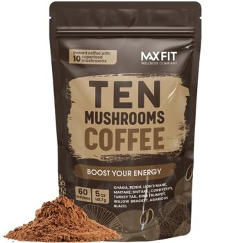Mushroom Coffee Organic (60 Servings) 10 Mushrooms (Lion’s Mane, Cordyceps, Turkey Tail & Other) Mixed With Gourmet Arabica Instant Coffee | Immune Boosting Coffee for Focus & Gut Health Support