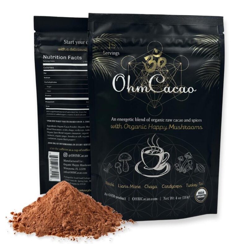 OHM Cacao Mushroom Coffee Alternative | Lions mane, Reishi, Chaga, Cordyceps & Turkey Tail, Nootropic Mushroom Blend | Energy - Focus - Memory | Vegan Superfood | Raw Ceremonial Cacao Powder