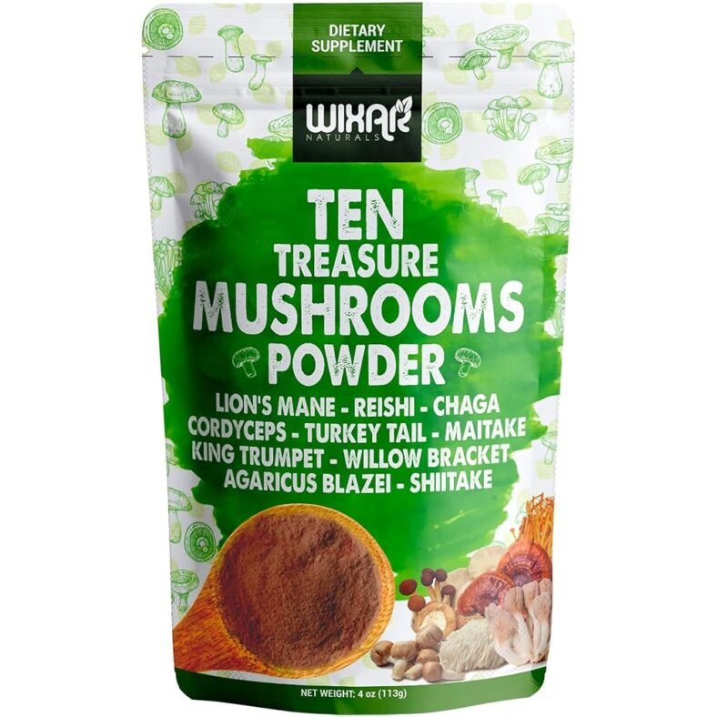 Wixar Mushroom Powder - Ten Treasure Mushrooms Extract Supplement Blend for Coffee & Smoothies - Lions Mane, Turkey Tail, Reishi, Chaga, Shiitake, Cordyceps, Complex - 4oz Mushroom Supplement