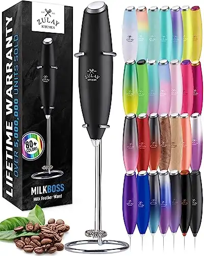 Zulay Powerful Milk Frother Handheld Foam Maker for Lattes - Whisk Drink Mixer for Coffee, Mini Foamer for Cappuccino, Frappe, Matcha, Hot Chocolate by Milk Boss (Black)